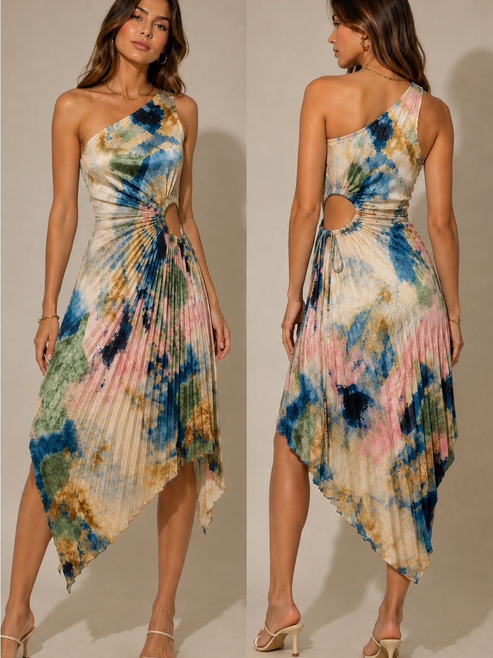 Women’s One-Shoulder Pleated Dress in pastel floral design